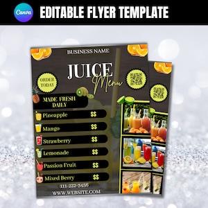 Modèle de menu de jus de fruits, liste de prix de boissons mélangées, liste de prix de barman, menu de smoothies, modèle de prix de boissons bricolage, Flyer de menu modifiable