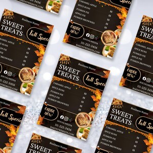 May include: Multiple flyers for "Sweet Treats" fall specials, featuring caramel apples, spice buns, pumpkin pie, apple pie, and pumpkin brownies. The flyers have a dark background with fall-themed accents and the text "Order Now!"