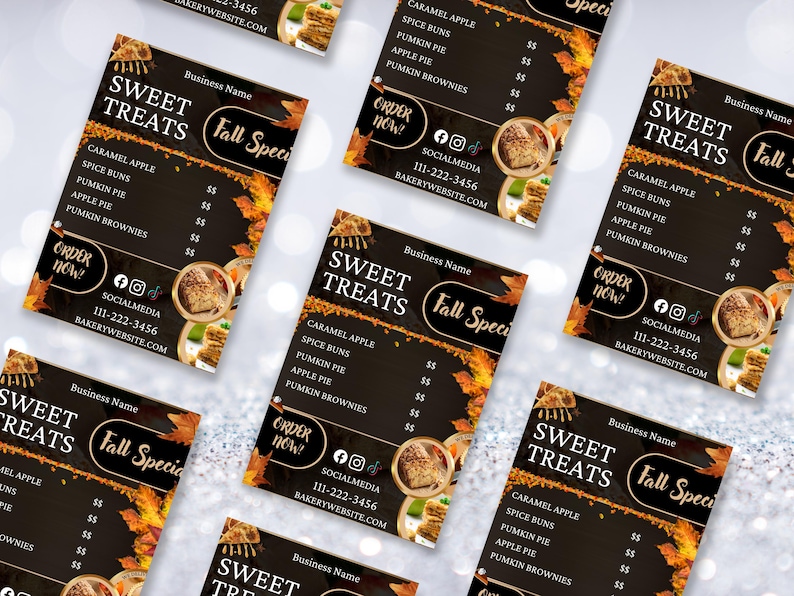 May include: Multiple flyers for "Sweet Treats" fall specials, featuring caramel apples, spice buns, pumpkin pie, apple pie, and pumpkin brownies. The flyers have a dark background with fall-themed accents and the text "Order Now!"