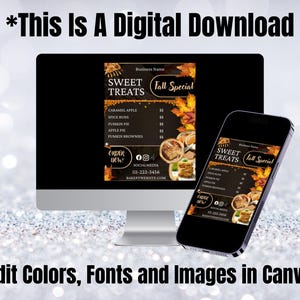 May include: Digital download featuring a fall-themed menu for "Sweet Treats." The menu, displayed on a computer monitor and a smartphone, includes items like caramel apples and pumpkin pie. Text on the image reads "This Is A Digital Download" and "Edit Colors, Fonts and Images in Canva!"