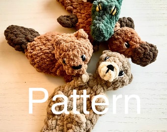 The Scrappy River Friends PATTERN, amigurumi otter, amigurumi beaver, amigurumi platypus, pocket crochet pattern, amigurumi alligator