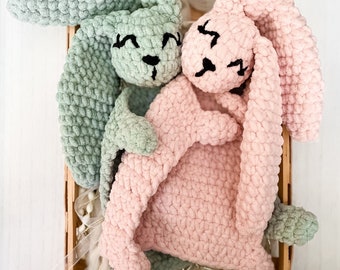 Crochet Bunny Lovey, Plush Baby Snuggler, Easter Gift