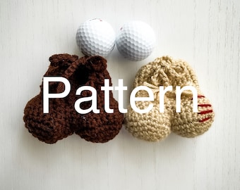 May include: Two crocheted golf ball covers, one brown and one beige with red stripes, next to two white golf balls. The text "Pattern" is written in the centre of the image.