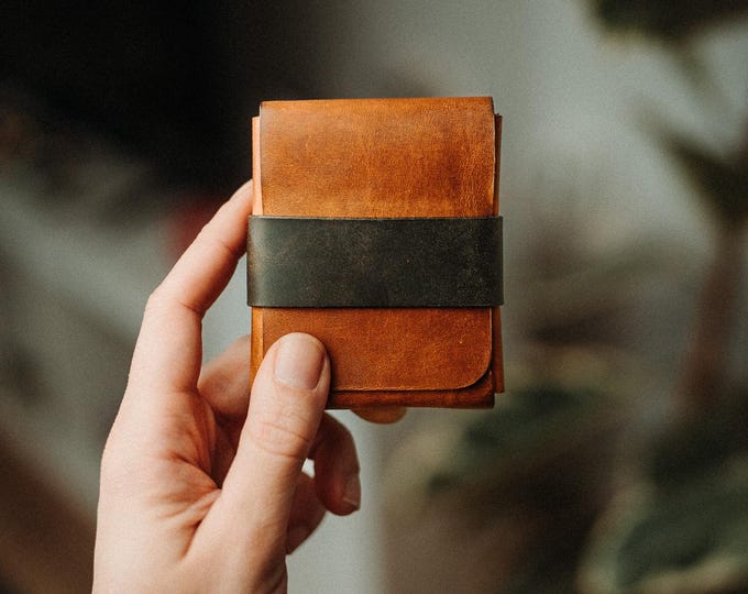 Featured listing image: Custom Color Leather Wallet, Stitchless Handmade Minimalist Card Holder, Full Grain Two Tone Gift