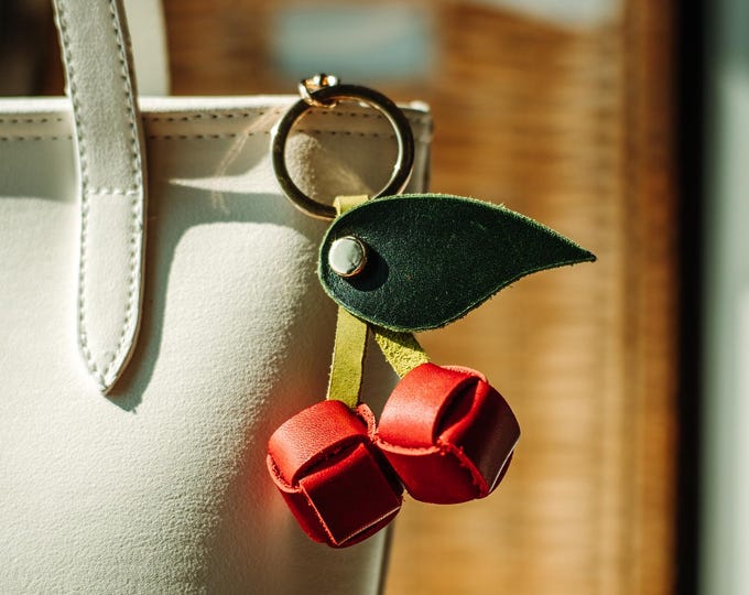 Handmade Leather Cherry Keychain: Fruit Purse Charm