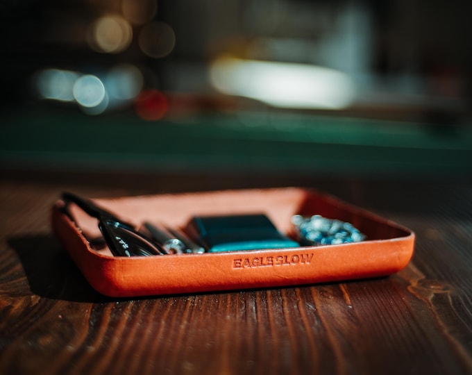 Leather Catchall Tray, Cognac Valet Tray, Handmade Desk Organizer