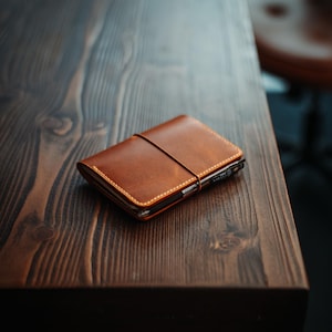 May include: A rectangular brown leather notebook cover featuring visible light-colored stitching along the edges and a thin elastic band wrapped horizontally around the center to keep the cover securely closed over the internal pages.