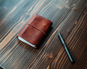 May include: A brown leather journal with a tan elastic closure rests on a dark wooden surface. A black pen lies nearby. The journal's pages are visible, suggesting it's ready for writing. The wood grain adds texture to the scene.
