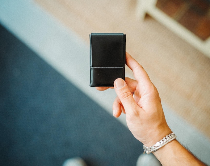 Jet Black Minimalist Wallet, Handmade Buttero Leather Card Holder