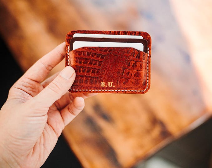 Crocodile Leather Card Holder, Handmade Full Grain Slim Wallet, Personalized Gold Foil Gift