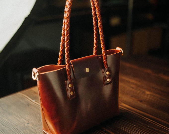 Hand Stitched Leather Tote Bag, Full Grain Mini Handbag with Braided Handles