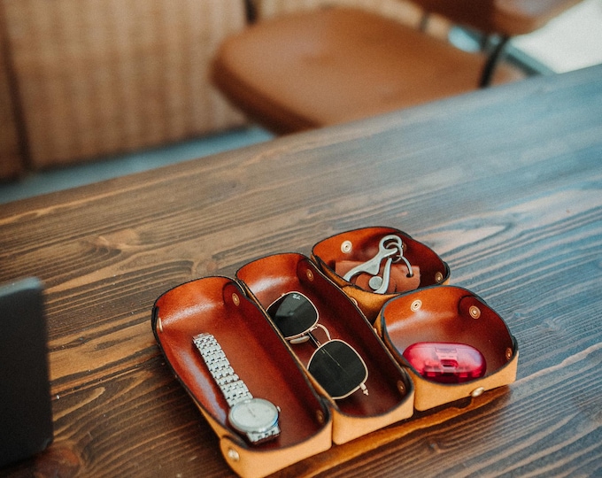 Modular Leather Valet Tray Set, Handmade Full Grain Catchall, EDC Watch Organizer