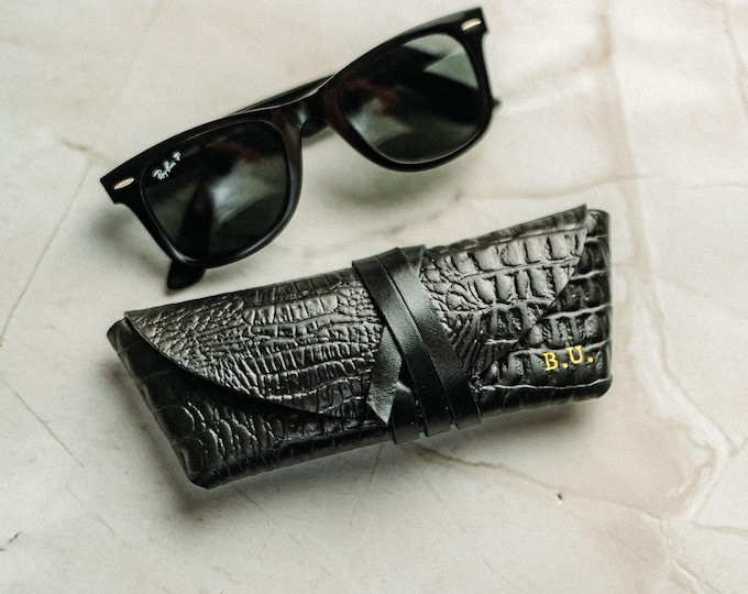 Leather Sunglasses Case, Handmade Full Grain Crocodile Glasses Holder, Personalized Gold Foil Gift