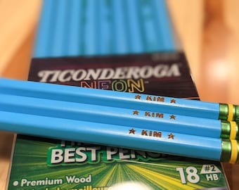 ALL NEON BLUE Personalized Pencils Ticonderoga Neon Pre-Sharpened Engraved Custom Pencils #2 Ships Fast 4/8/12/24 Pack  Made in Flatbush