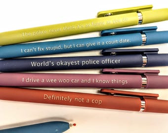 Police Officer Personalized Pens｜Set of 5 Custom Laser Engraved Soft Touch Pens｜Funny gifts | Cop | Badge Car | Academy Graduation