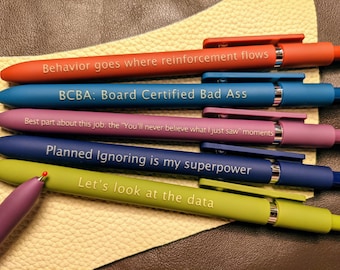 BCBA Personalized Pens | Board Certified Behavioral Analysis ｜Set of 5 Custom Laser Engraved Soft Touch Pens Speech Therapy Made in Flatbush