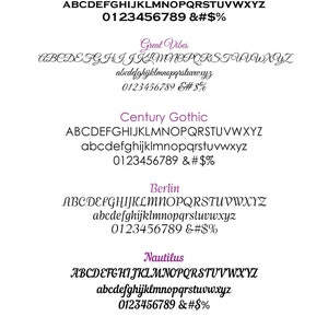 May include: A white background displays five different font styles: Copperplate, Great Vibes, Century Gothic, Berlin, and Nautilus. Each font is shown with uppercase and lowercase alphabets, numbers, and symbols.