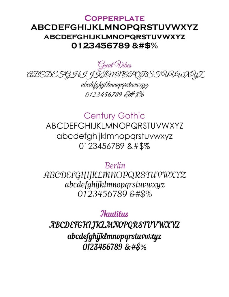 May include: A white background displays five different font styles: Copperplate, Great Vibes, Century Gothic, Berlin, and Nautilus. Each font is shown with uppercase and lowercase alphabets, numbers, and symbols.