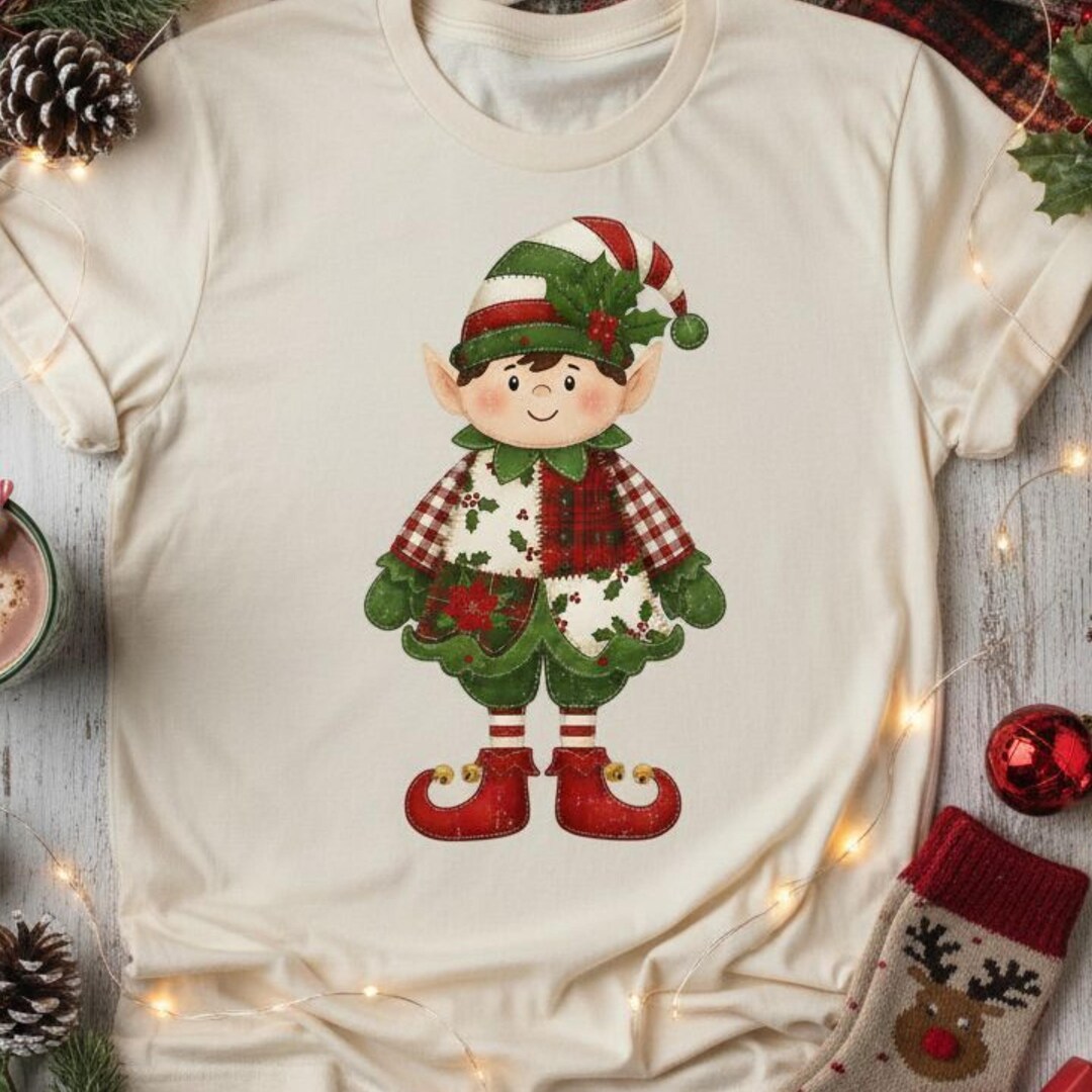 Patchwork Christmas Elf Clipart | Rustic Farmhouse Holiday PNG (digital ...
