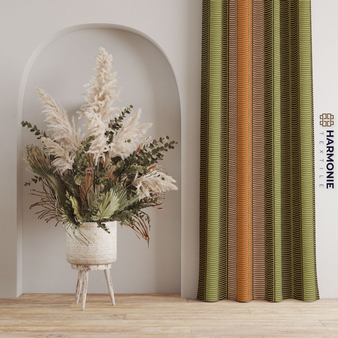 Natural Green Striped Curtains for Livingroom Geometric Etsy