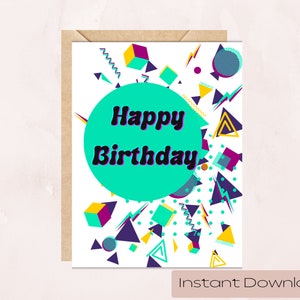 Printable Retro 80s/90s Birthday Card -Digital Download- Neon bright colours- A2 card -