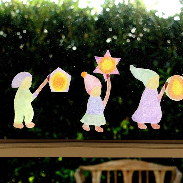 Dibujos de farolillos infantiles para colorear para la ventana [plantilla imprimible] - Imagen transparente Waldorf para niños sobre San Martín