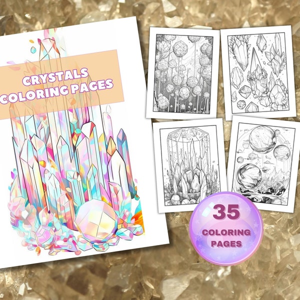 Crystals Coloring Book, Adult Kids Coloring Printable Pages, Coloring Therapy, Magic Crystals, Digital Download Pdf, Gift, Instant Download