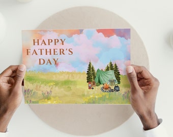 Camping Happy Father' Day Card, Colored Sky Card, Father's Day Card, Camper Dad Card, Watercolor Sky Card, Printable Digital Download Card
