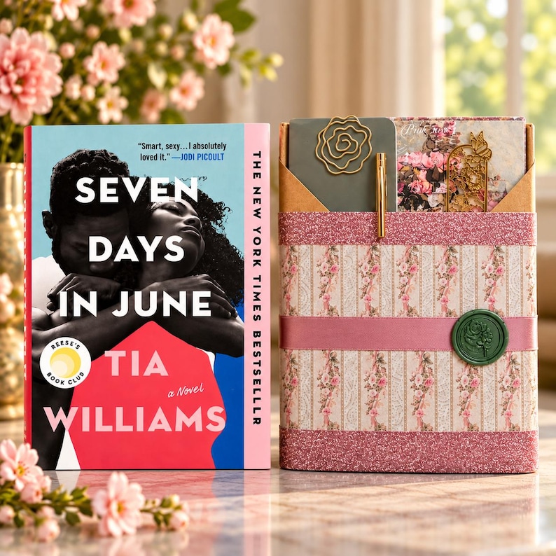 May include: The book Seven Days in June by Tia Williams stands next to a rectangular gift box wrapped in floral paper with a pink glitter border, a green wax seal, a gold pen, a rose-shaped paperclip, and a gold butterfly bookmark.