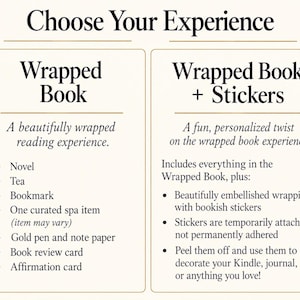May include: A comparison chart titled Choose Your Experience with two columns. The Wrapped Book column lists a novel, tea, bookmark, spa item, gold pen, note paper, book review card, and affirmation card. The Wrapped Book + Stickers column adds embellished wrapping and bookish stickers.