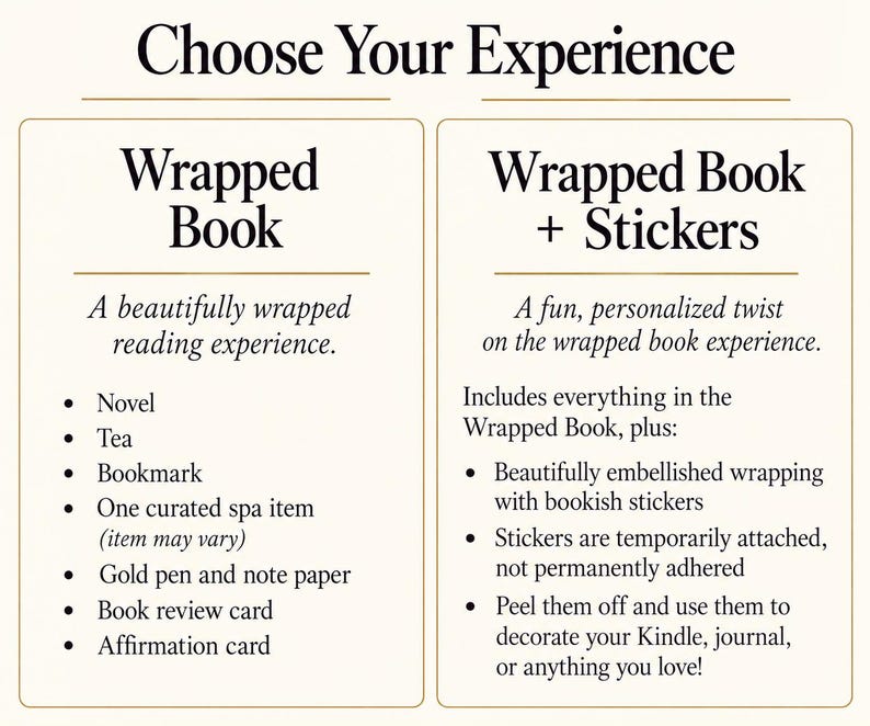 May include: A comparison chart titled Choose Your Experience with two columns. The Wrapped Book column lists a novel, tea, bookmark, spa item, gold pen, note paper, book review card, and affirmation card. The Wrapped Book + Stickers column adds embellished wrapping and bookish stickers.