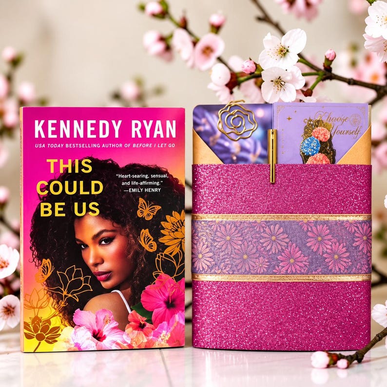 May include: A book titled This Could Be Us by Kennedy Ryan featuring a portrait of a person with dark curly hair surrounded by butterflies and hibiscus flowers, next to a glittery pink book sleeve with a metal rose bookmark and a gold pen.