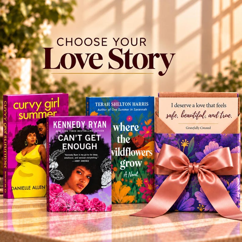 Choose Your Love Story romance book gift featuring Curvy Girl Summer by Danielle Allen, Can't Get Enough by Kennedy Ryan, and Where the Wildflowers Grow by Terah Shelton Harris. A beautifully wrapped floral book with a peach satin bow and affirmation card sits beside the novels.