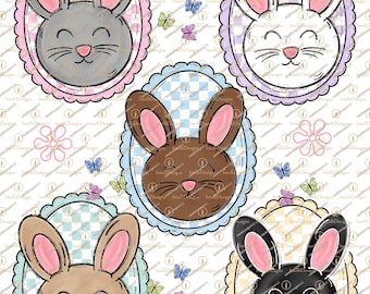 Cute Easter Bunny faces in Pastel checkered egg frame Png, Sublimation design, Instant Download, Coquette Eater, Unique hand drawn clipart