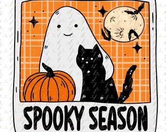 Ghost and Cat polaroid Spooky Season PNG, Halloween time Png,Boo,Pumpkin SpiceSeason Png,Black Cat,Trick or Treat, Trendy Halloween Png,