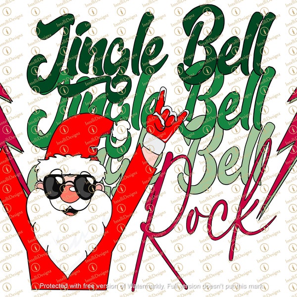 Jingle Bell Rock Santa, Rocking Santa, Lightning bolts, Santa with sunglasses, Rocker hands,