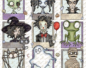 Halloween Polaroid Burton Characters, Hand Drawn art, Instant Download, Sublimation, Spooky Season  Trendy Cute girly Halloween, Gothic Tee