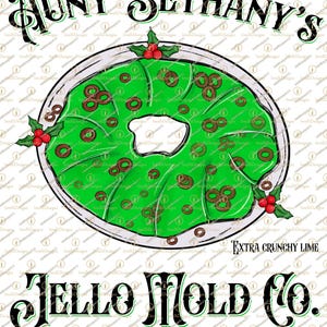 Tante Bethany's Green Jelly Mould Co. Png, Weihnachtsfilm png, Handgezeichnete Kunst, 80er Jahre Weihnachten, Retro Weihnachten, Isst deine Katze Jello