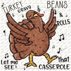 May include: A cartoon turkey with brown feathers is dancing and singing. The turkey is surrounded by musical notes. The text "Turkey & Gravy & Beans & Rolls Let me see that Casserole" is written around the turkey.