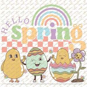 Ciao primavera retrò Pasqua Png, stampa primaverile, pulcino di Pasqua, buona Pasqua, floreale Png, design a sublimazione, download digitale, arcobaleno pastello