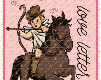 May include: A digital illustration of a cherubic cowboy on a brown horse, aiming a heart-tipped arrow. The word "COWBOY" is at the top, with "love letter" and the price "8$" in black script. The background is pink.