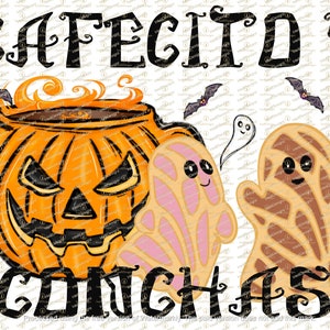 Cafecito Y Spooky Conchas Png ,Cute Halloween Png ,Pan Dulce ghost, Mexican PNG, Espooky Season, Hand drawn Art, Sublimation Png,