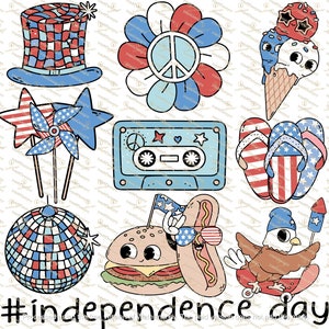 May include: A set of nine digital illustrations featuring various patriotic themes for Independence Day. The illustrations include a red, white, and blue top hat, a peace sign flower, a cassette tape, a hot dog, a hamburger, a pinwheel, a pair of flip flops, a disco ball, and an eagle riding a skateboard.