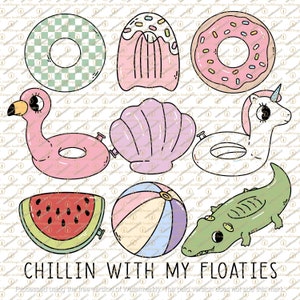 May include: A set of nine colorful inflatable pool floats, including a watermelon, a flamingo, a seashell, a donut, a checkered circle, a unicorn, a beach ball, an ice cream cone, and an alligator. The text "Chillin with my Floaties" is at the bottom of the image.