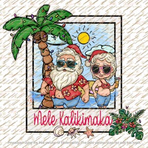 Puede incluir: Ilustración digital con Papá Noel y una mujer con gafas de sol y gorros de Papá Noel en una playa, con una palmera y el sol. El texto "Mele Kalikimaka" se muestra en rosa. La imagen tiene un tema navideño tropical.