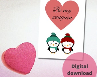 Be my penguin love card printable, love greeting card, Valentines day gift, anniversary card, cute penguin love card for her him