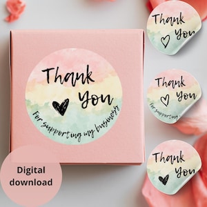 Bedankt digitale sticker, bedrijfsondersteunende stickers voor verkopers, afdrukbare verpakkingsstickers, persoonlijk tintje voor bestellingen, aquarel