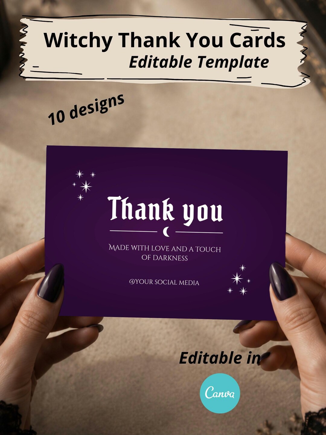 Editable Witchy Thank You Card Template | Elegant Gothic Packaging ...