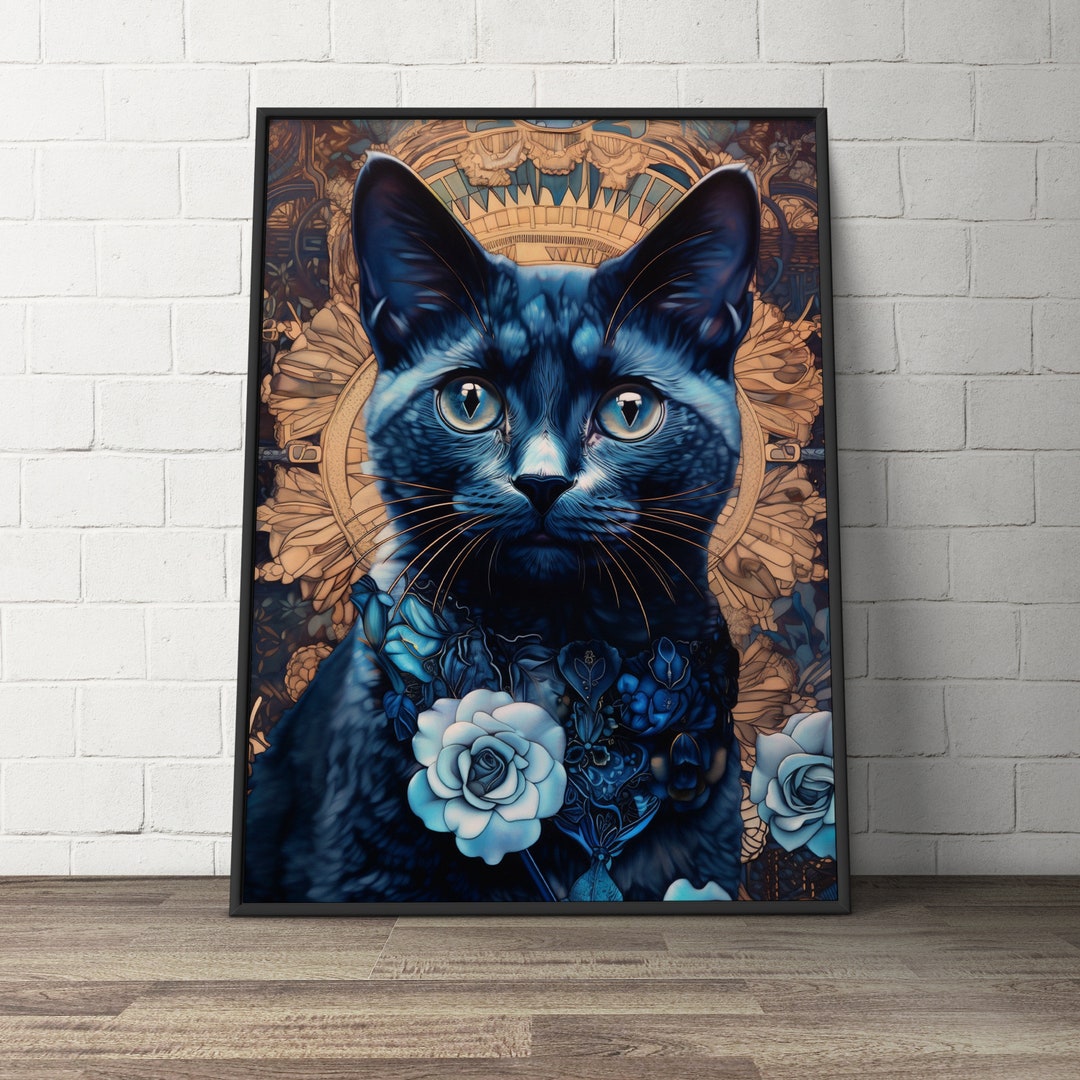 Cyber Punk Cat Art, Cat Art, Blue Cat, Floral Print, Funny Cat Print