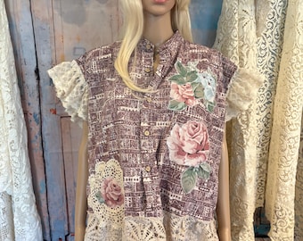 floral shirt antique lace appliques plus size